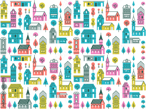 Seamless vector pattern with different buildings and trees. Repeated city texture. Retro urban background with houses, stores and churches.