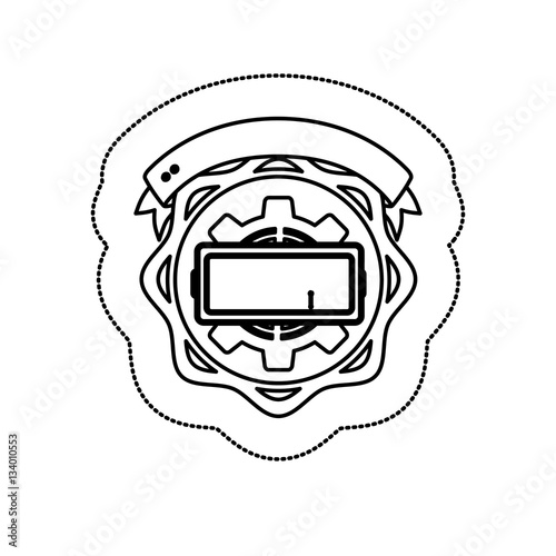 monochrome silhouette sticker with pinion between circular shapes and ribbon vector illustration