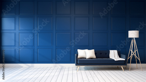 Modern interior of living room with armchairs on white flooring and dark blue wall .emptry room ,3d rendering