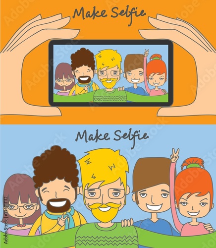 Hipster guy taking selfie photo. Web banner for promotional material.