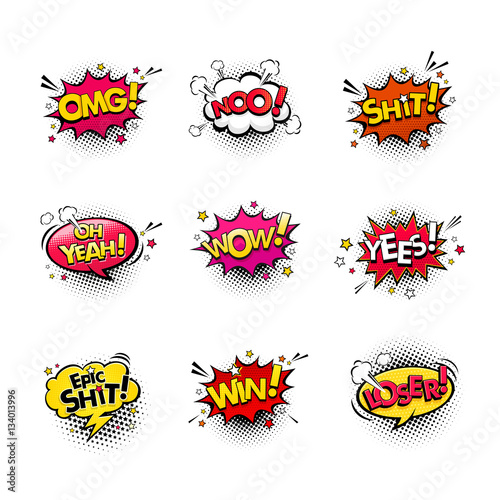 Comic speech bubbles and splashes set with different emotions and text Wow, Omg, Oh Yeah, Shit, No, Yes, Epic Shit, Win, Loser. Vector bright dynamic cartoon illustrations isolated on white background