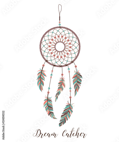 American Indians amulet. Dream catcher with feathers and beads on a white background. Boho style.