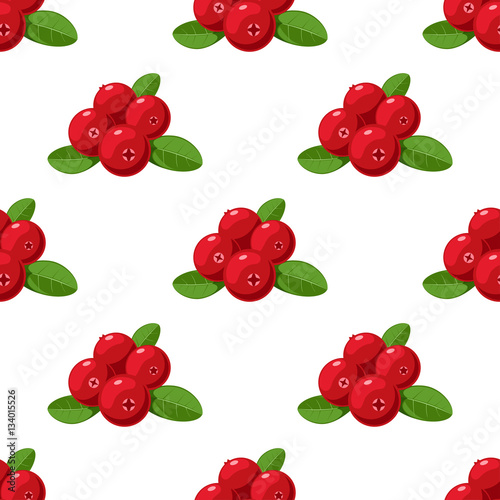 Vector seamless pattern. Cartoon cranberries with green leaves isolated on a white background. Cute illustration used for book, poster, card, menu cover, tag, textile, badge, web pages.
