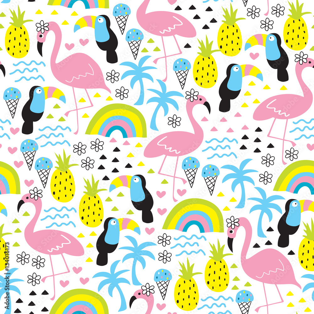 Fototapeta premium seamless tropical flamingo and toucan pattern vector illustration
