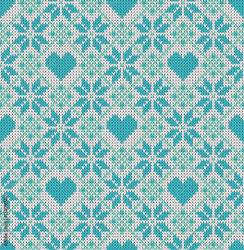 Seamless pattern on the theme of holiday Valentine's Day with an image of the Norwegian and fairisle patterns. Turquoise hearts on a white background. Wool knitted texture. Vector Illustration.