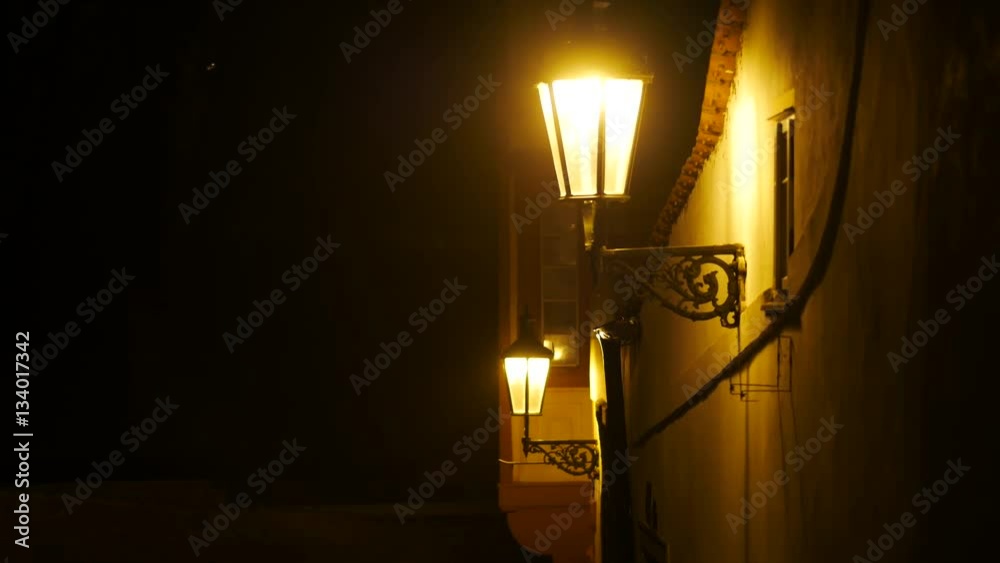 Night street lamps on vintage building.
