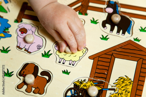 Foto Gioco a incastro. Fattoria. Animali. Bambino gioca