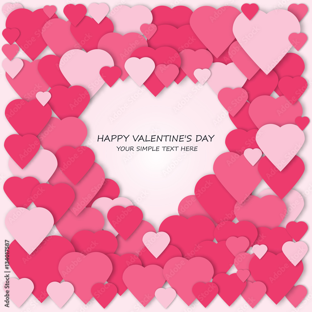 3d paper  hearts collage vector card. Pink hearts background.  Wedding, anniversary, birthday, Valentine's day, party design for banner, poster, 3d card, invitation, brochure, flyer.