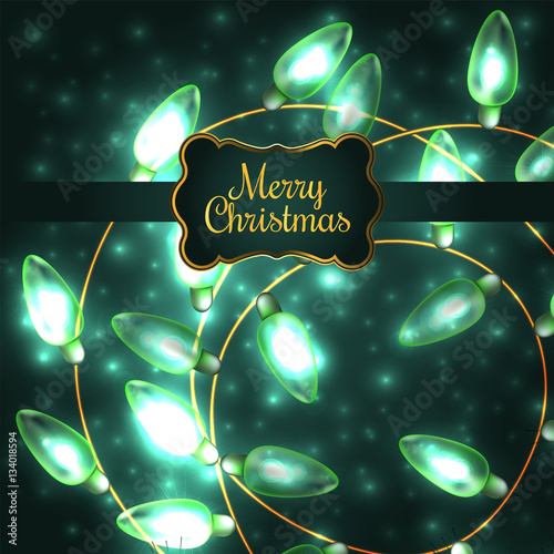 Colorful Green Glowing Christmas Lights.Vector elements can be used as backdrop for new Year decoration. Holiday Illustration, luminous electric garland, shiny light bulbs and wire