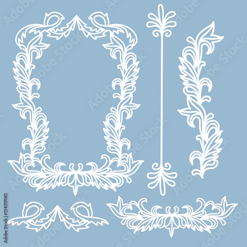 Hand drawn elements in the classical style including borders, flourishes and a frame
