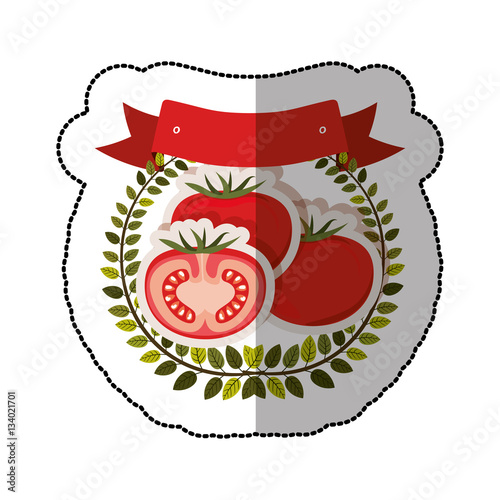 middle shadow sticker colorful with olive crown with tomatos set vector illustration