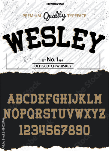 Typeface. Label. Wesley typeface, labels and different type designs