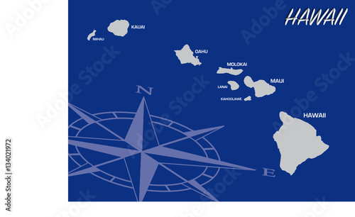 Blue vector map of us state of Hawaii with compass