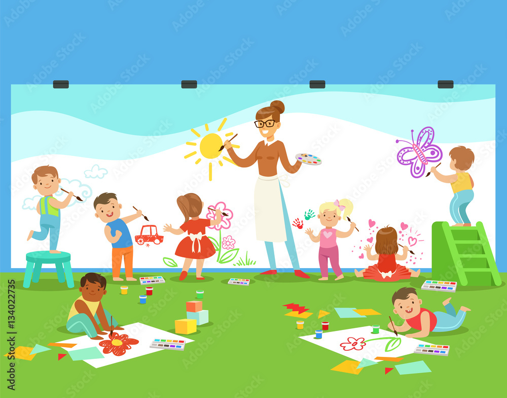 Young Children In Art Class Drawing And Painting With Teacher In A Nursery School Young Children In Art Class Drawing And Painting With Teacher In A Nursery School