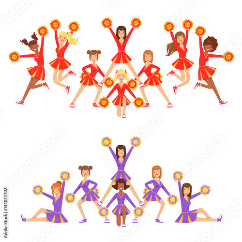 High-School Profession Cheerleading Teams Of Girls Cheerleaders On Final Pyramid Stand Posing With Pompoms