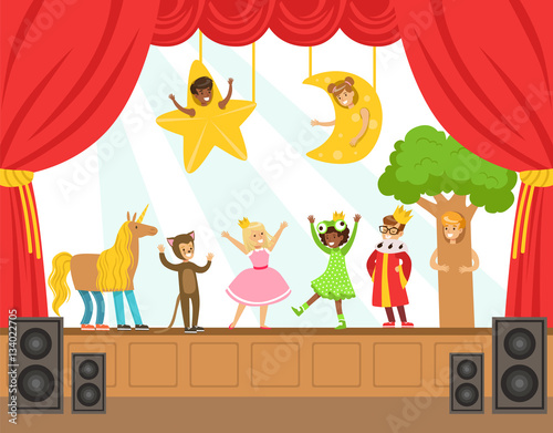 Children Actors Performing Fairy-Tale On Stage On Talent Show Colorful Vector Illustration With Talented Schoolkids Theatre Performance