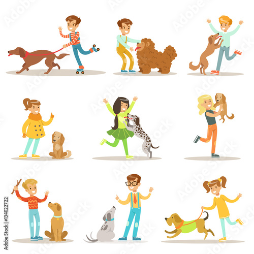 Children And Dogs Illustrations Set With Kids Playing And Taking Care Of Pet Animals