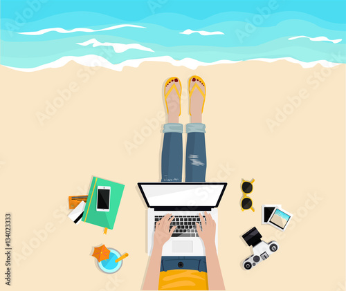 Freelance. Work outside. Stylish girl typing on laptop on the beach. Top view. Freelancer's desktop with notebook, credit cards,  camera, glasses. Work and rest. Hand drawn vector flat illustration.