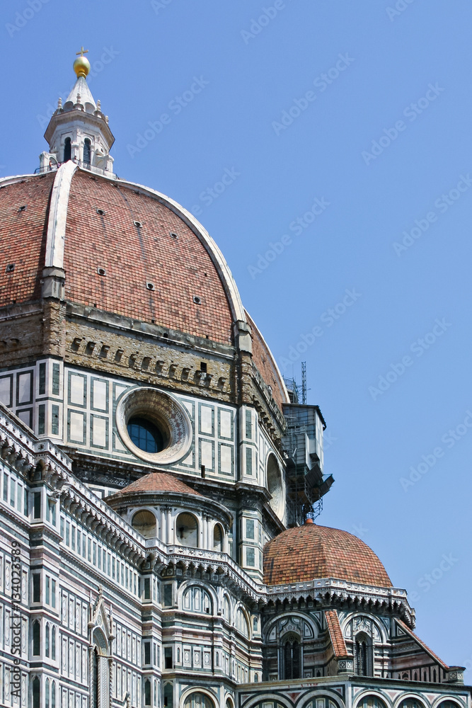 View of the dome of the cathedral Santa Maria del Fiore and lantern Brunelleschi in Florence, Italy.