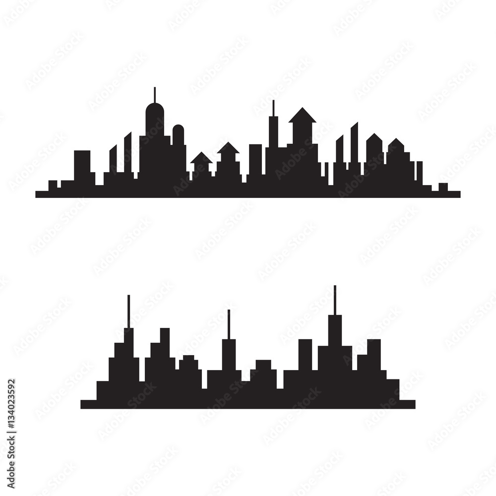 City skylines silhouette, cityscape set, black isolated on white background, vector illustration.