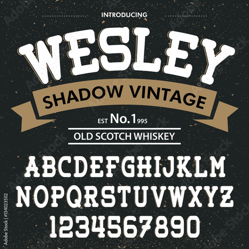 Typeface. Label. Wesley shadow typeface, labels and different type designs