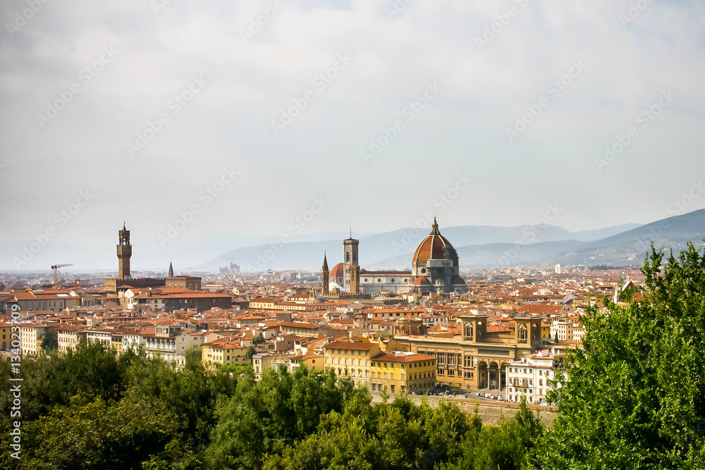 Fototapeta premium Arnolfo tower of Palazzo Vecchio and the ensemble of the Cathedral of Santa Maria del Fiore tower over Florence. Italy.