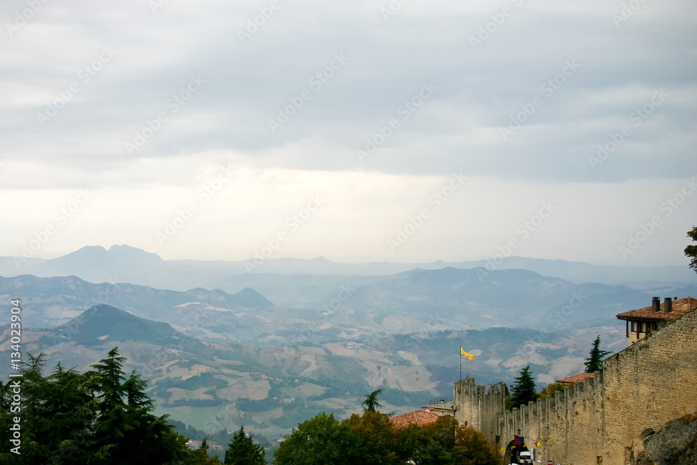 The hills in Italy, rainy evening. View from Mount Titano, San Marino.