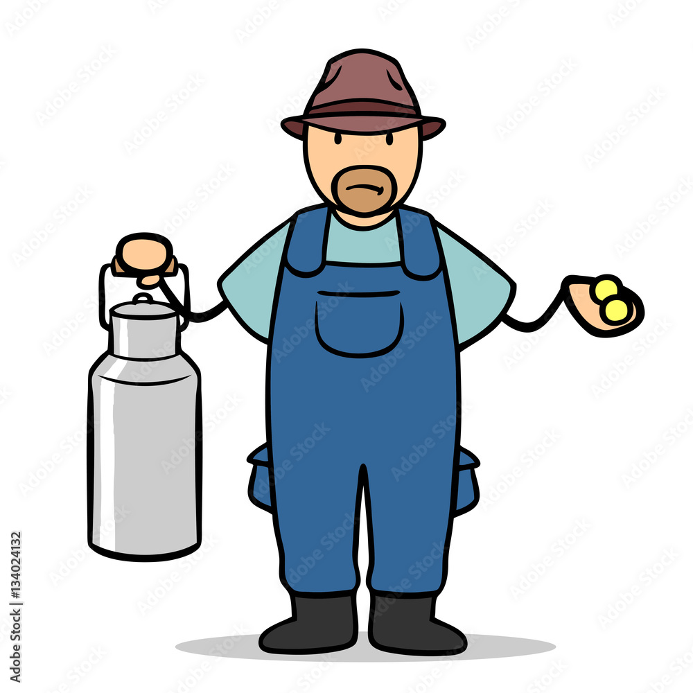 Cartoon Milchbauer mit Milch und wenig Geld Cartoon Milchbauer mit Milch und wenig Geld