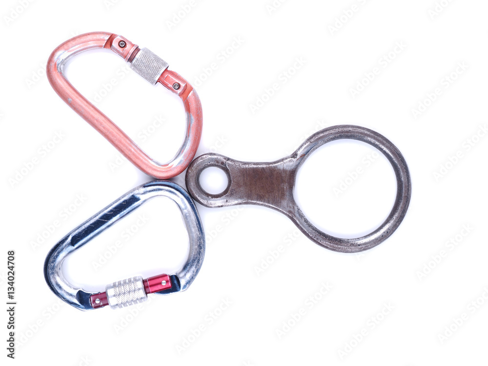 carabiner to the belay device on a white background carabiner to the belay device on a white background