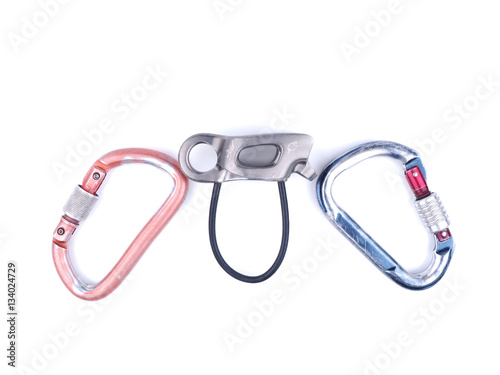 carabiner to the belay device on a white background