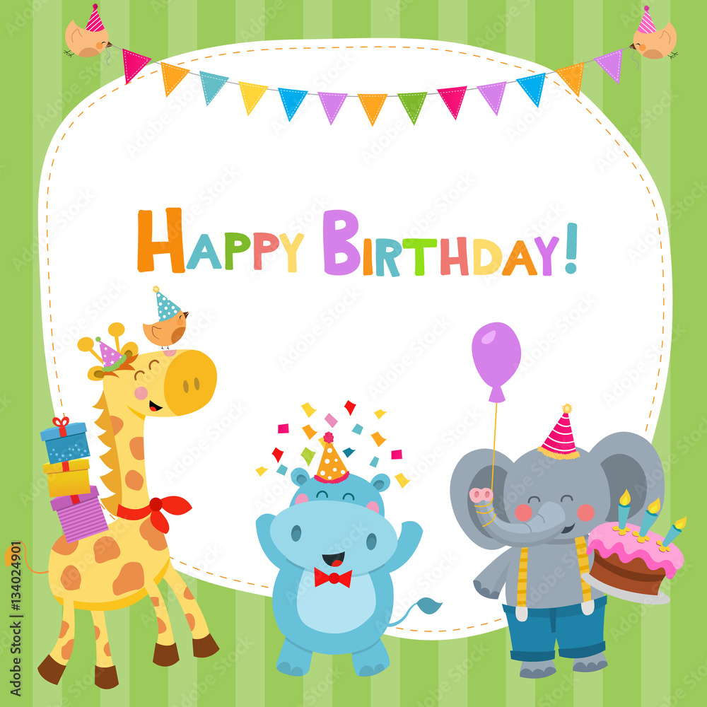 Naklejka premium Cute Birthday Card With Animals
