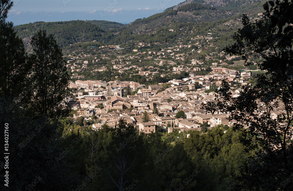 town of Soller, Majorca seen from above with mountains in background