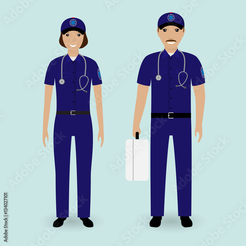 Hospital staff concept. Paramedics ambulance team. Male and female emergency medical serviice employee in uniform.