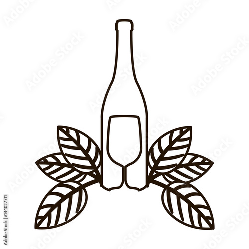 contour bottle wine and goblet with leaves vector illustration