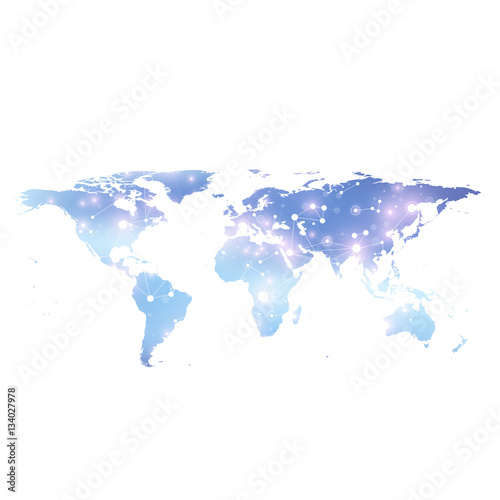 World map with global technology networking concept. Digital data visualization. Lines plexus. Big Data background communication. Scientific vector illustration.