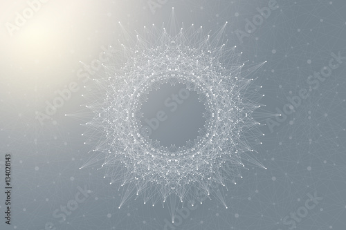 Fractal element with connected lines and dots. Big data complex. Virtual background communication or particle compounds. Digital data visualization, minimal array. Lines plexus. Vector illustration.