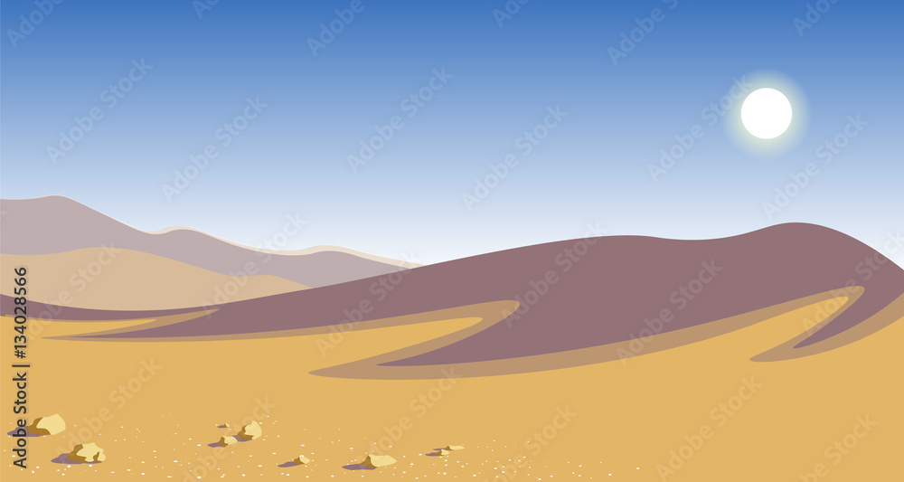 The hot desert. yellow sand dunes blue sky scorching sun Stock Vector