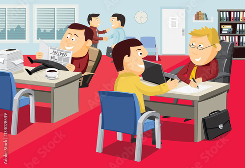 Real estate agency interior. Customer Care Center. Processing the application in the office. Financial advice. Funny experienced banker solves the problem. Flat design vector cartoon illustration.