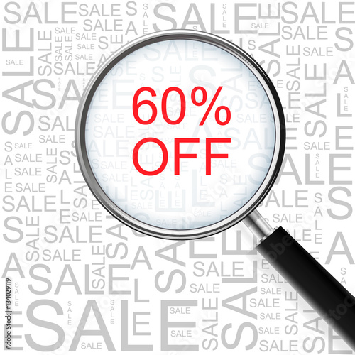 60% OFF Sale. Magnifying glass over seamless background with different association terms. Business Concept.