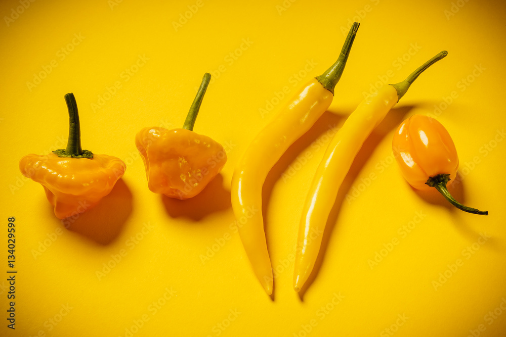 Fototapeta little spicy and fresh peppers on a yellow background