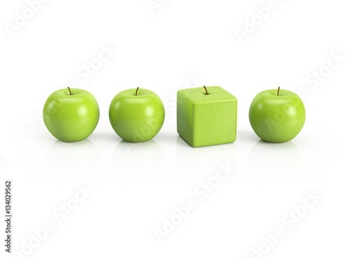 Anders sein, Individualität, Einzigartigkeit, Persönlichkeit – grüne Äpfel in einer Reihe
