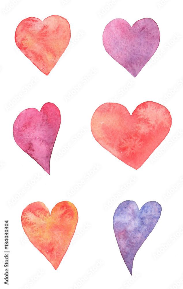 Watercolor set of hearts. Six elements for romantic design