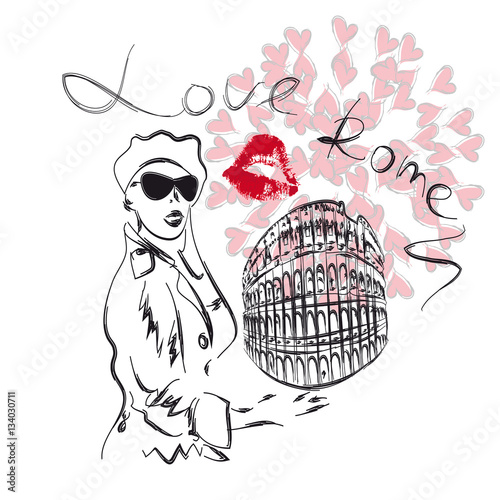 The girl in a beret, sunglasses and trenchcoat, retro style on a