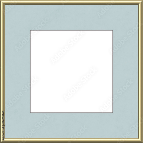 Golden narrow picture frame with blue passepartout.