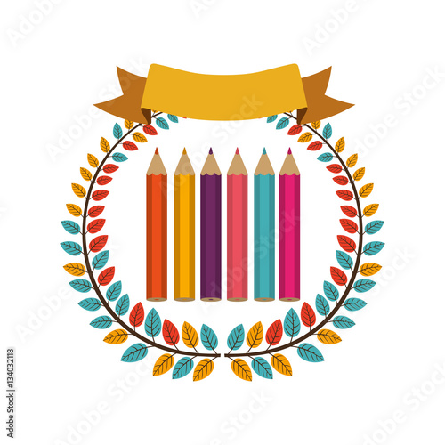 colorful olive crown with ribbon and colored pencils vector illustration