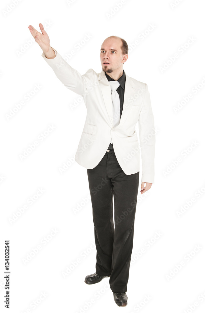 Young man showing something by his hand isolated Young man showing something by his hand isolated