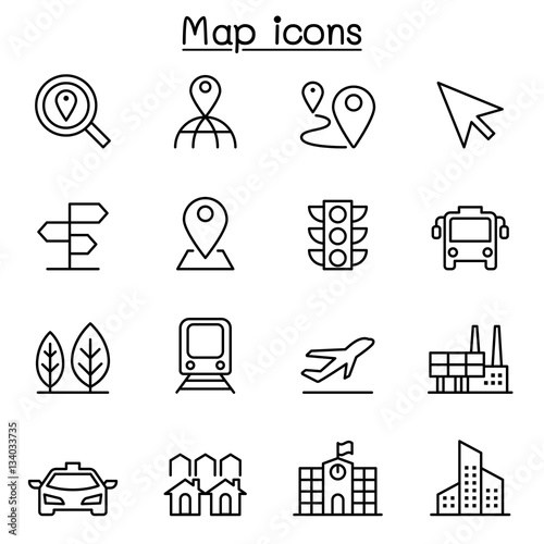 Maps & Symbol icon set in thin line style