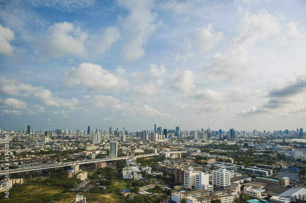 Aerial view of Bangkok city under blue sky and white cloud. Aerial view of Bangkok city under blue sky and white cloud.