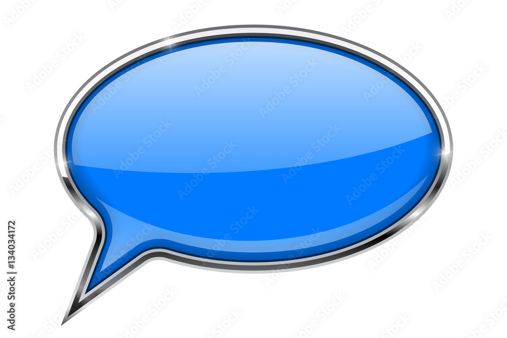 Naklejka premium Speech bubble. Blue 3d icon with chrome frame