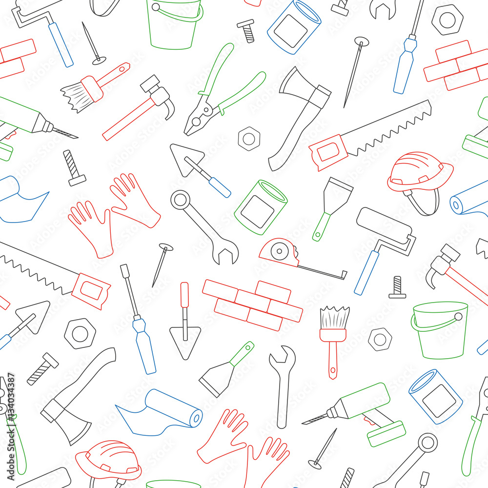 Seamless background on the topic of construction and repair, construction equipment, simple colored contour icons on white background Seamless background on the topic of construction and repair, construction equipment, simple colored contour icons on white background